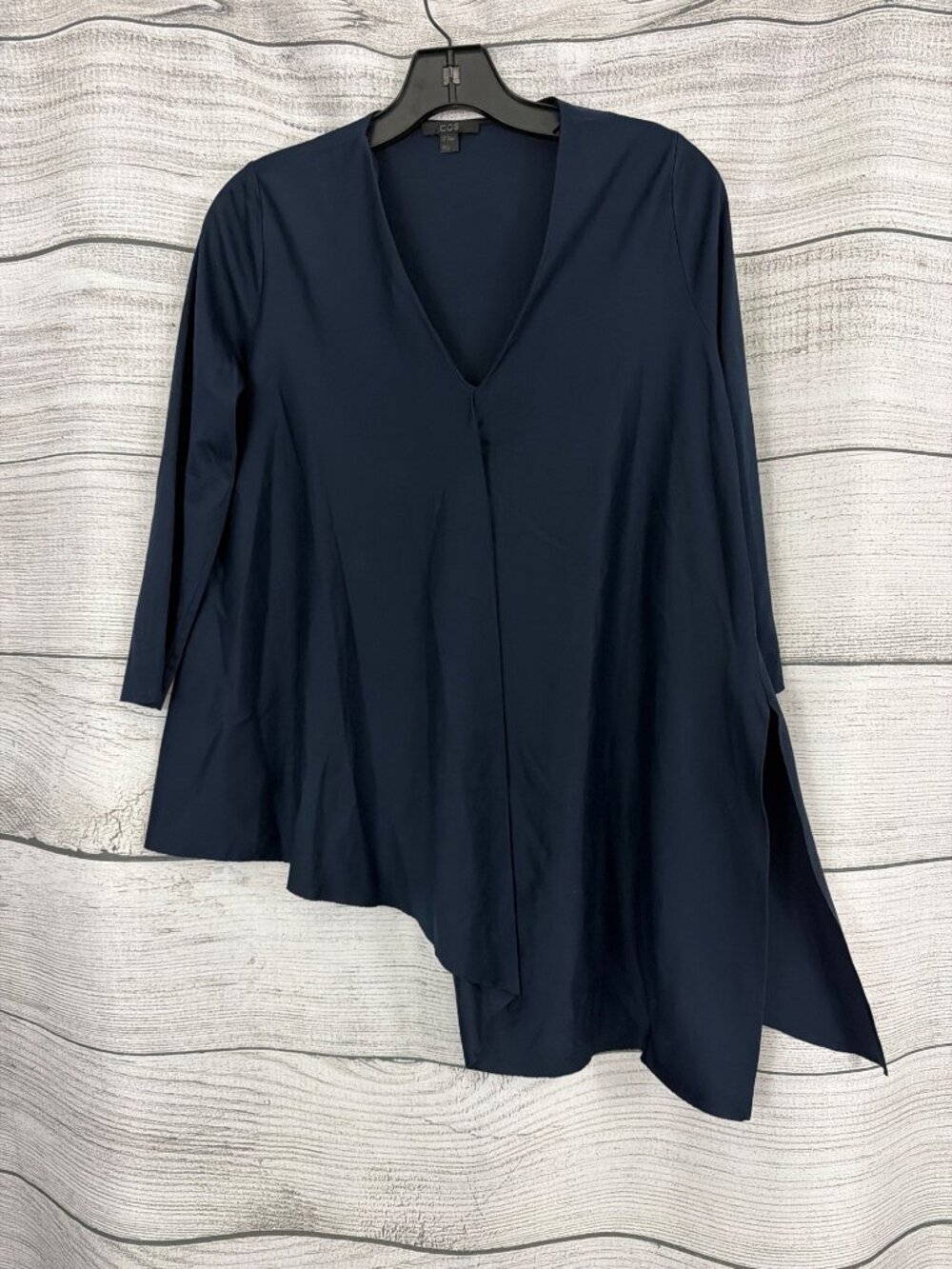 COS Navy Asymmetrical Long Sleeve Draped Top Blouse XS